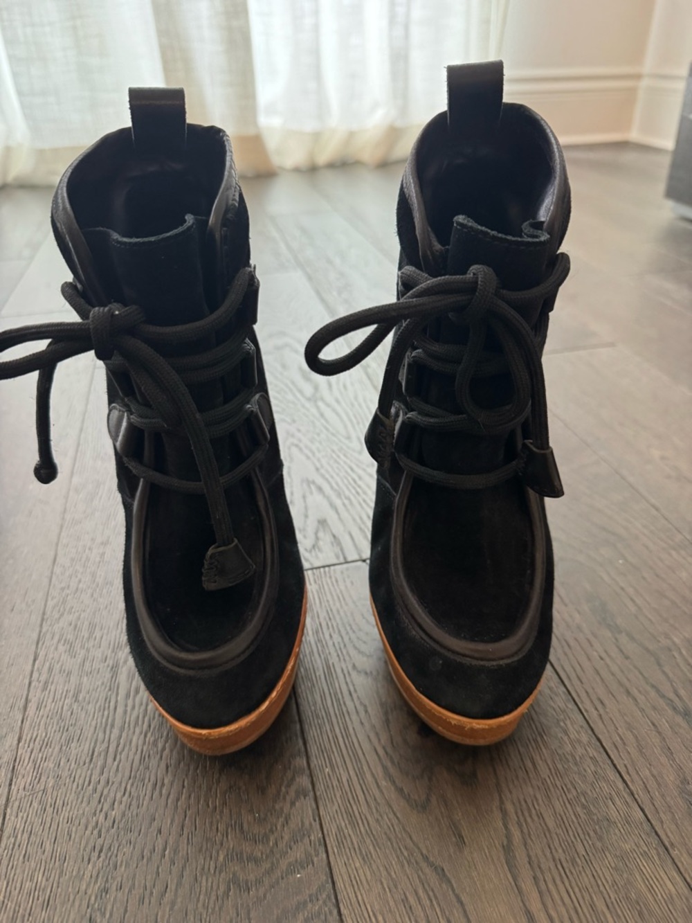 Black Suede Lace-Up Platform Boots with Brown Wood-Look Sole